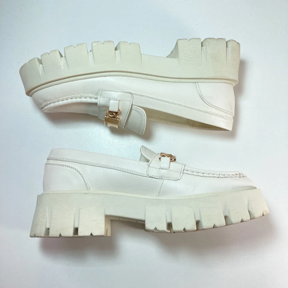 Y2k Guess Chunky Platform Loafer White Gold Buckle GBG Logo Heel Shoe Womens 8